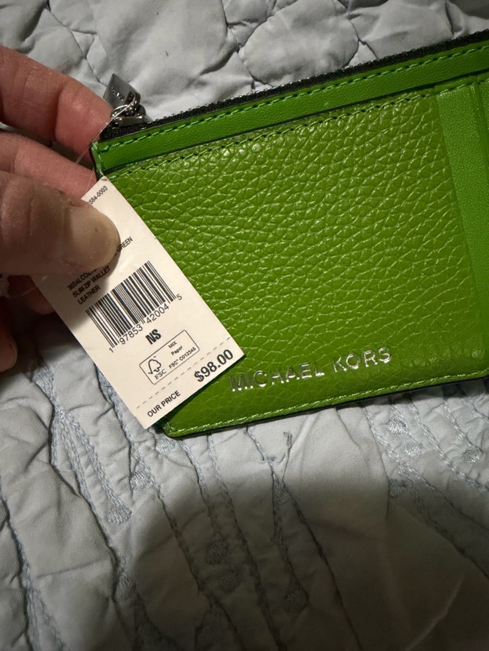 Michael Kors Bright Green Pebbled Leather Zip Card Wallet NWT - Picture 4 of 4